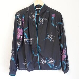 Vintage SOHO Black Floral Print Asian Style Button Up Top Retro Artsy Cotton Lg